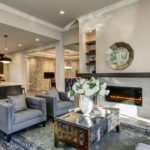 Chic living room filled with built-in fireplace