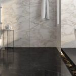 Luxury bathroom with black marble floor and white marble wall 3d render