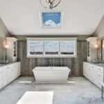 Symmetrical master bathroom with vaulted ceiling